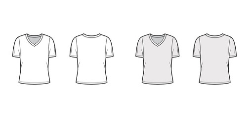 V-neck jersey t-shirt technical fashion illustration with short rib sleeves, oversized body. Flat sweater apparel template front, back white grey color. Women, men unisex outwear top CAD mockup
