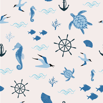 Seamless vector pattern with sea elements - seagall, fish, seahorse, steering wheel, shell, anchor