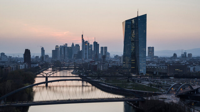 Frankfurt cityscape and River Main at dusk, Germany