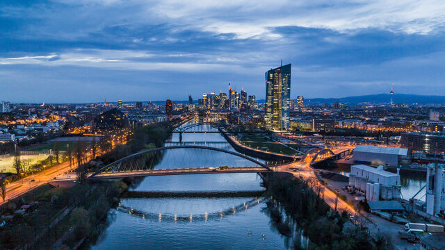 Frankfurt cityscape and bridges over River Main at night, Germany