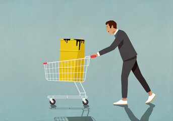 Businessman pushing oil barrel in shopping cart