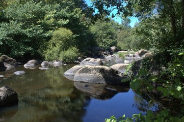 paysage de rivière , nature et gros rochers dans la nature  en été