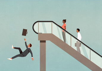 Businessman falling off the edge of ascending escalator