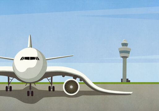 Airplane with drooping wings parked on empty tarmac