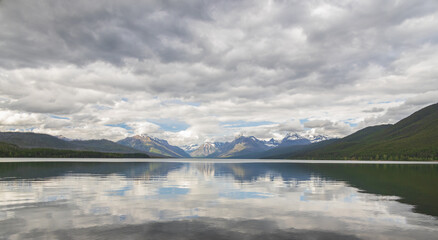 Lake McDonald with view of mountain-range in background
