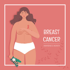 Cute young woman holding her breast. Breast cancer awareness month banner. Vector illustration in flat style