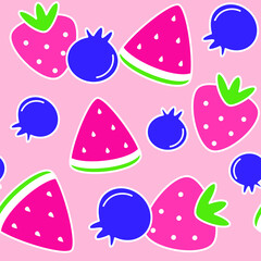 Cute colorful summer seamless vector pattern background illustration with strawberries, blueberries and watermelon slice
