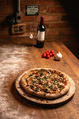 Delicious pizza in wood table