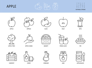 Vector apple icons. Set with Editable Stroke. Apples cider basket bottle, pie slice vinegar fresh juice. Jam half apple tree harvest applesauce bite