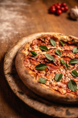 Delicious pizza in wood table