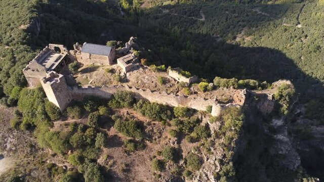 Cornatel castle in El Bierzo. Leon,Spain. Aerial Drone Footage