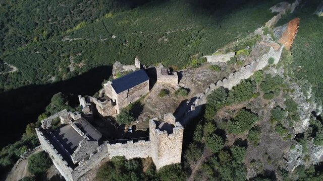 Cornatel castle in El Bierzo. Leon,Spain. Aerial Drone Footage