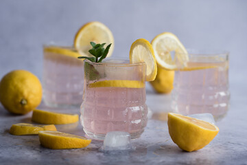 Summer fresh drinks. Homemade rose lemonade in a glass