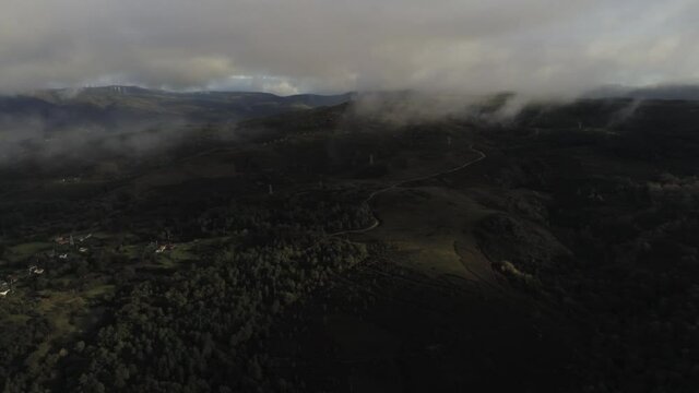 Beautiful landscape in valley with mountains. Galicia,Spain. Aerial Drone Footage