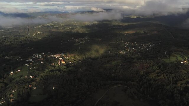 Beautiful landscape in valley with mountains. Galicia,Spain. Aerial Drone Footage