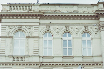 Old facades of houses in the historic center of the European city