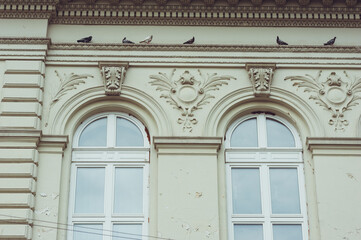 Old facades of houses in the historic center of the European city