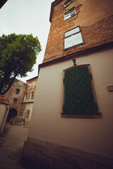 Old facades of houses in the historic center of the European city