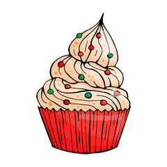 Hand drawn New year cakes. Christmas deserts on white background. Colorful sketch. Vector illustration.