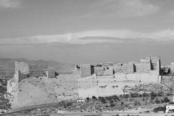 Fortress Castle in Kerek, Jordan, in black and white, monochrome.