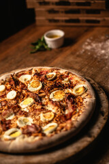 Delicious pizza in wood table
