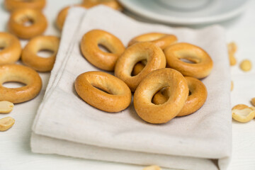 fresh bagels on a cloth napkin close-up