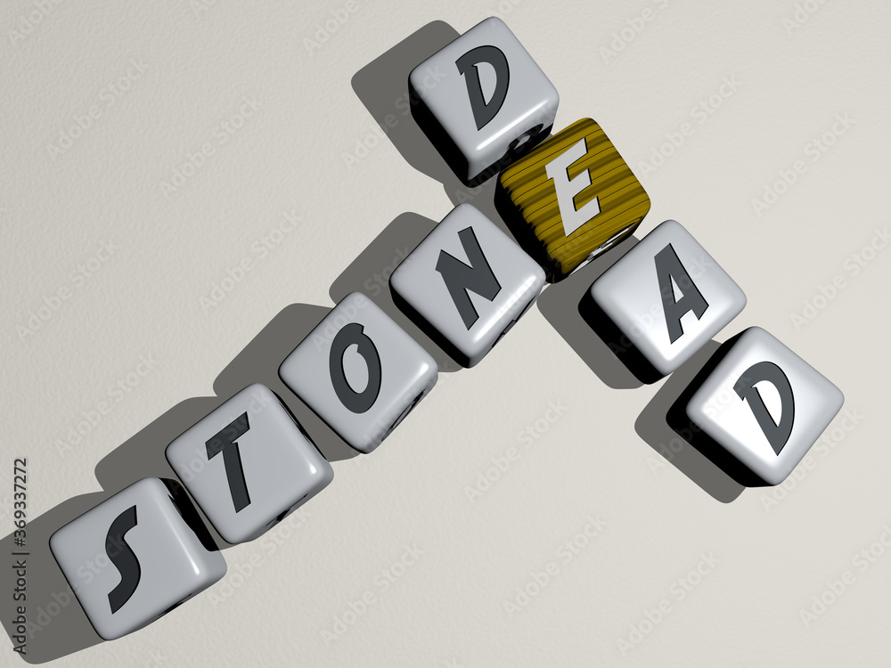 Poster crosswords of stone dead arranged by cubic letters on a mirror floor, concept meaning and presentati