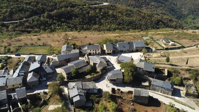 Small village of El Acebo de San Miguel in Leon,Spain. Aerial Drone Footage