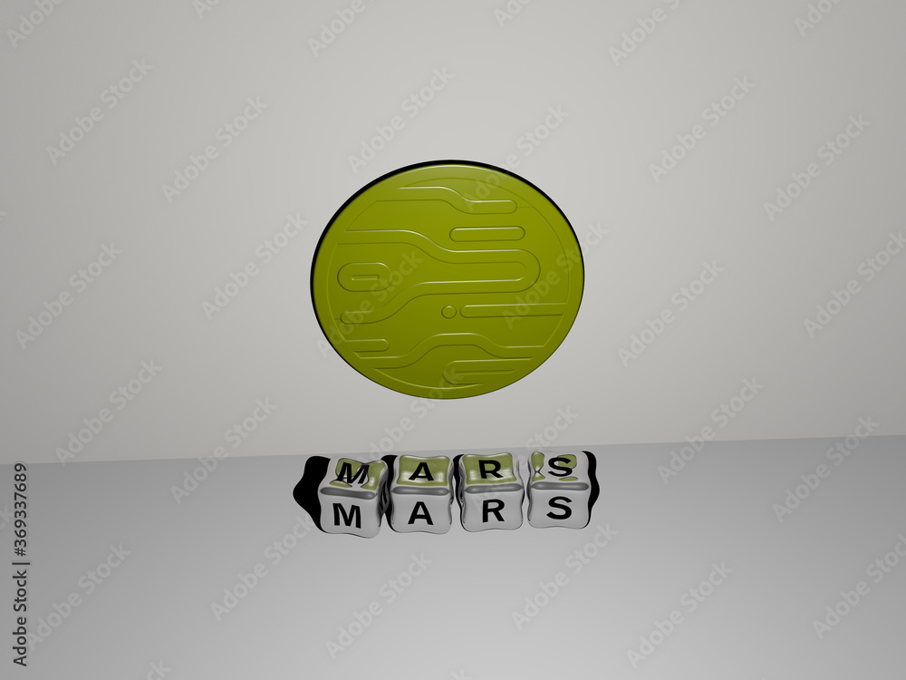Poster 3d graphical image of mars vertically along with text built by metallic cubic letters from the top p