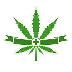 hemp leaf with green cross and banner, symbol of medical marijuana.