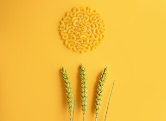 Concept of macaroni and wheat ears on a yellow background. Advertising poster. Flat lay, copy...