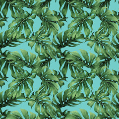 Watercolor painting colorful tropical Monstera green leaves seamless pattern background.Watercolor hand drawn illustration tropical exotic leaf prints for wallpaper,textile Hawaii aloha summer style.