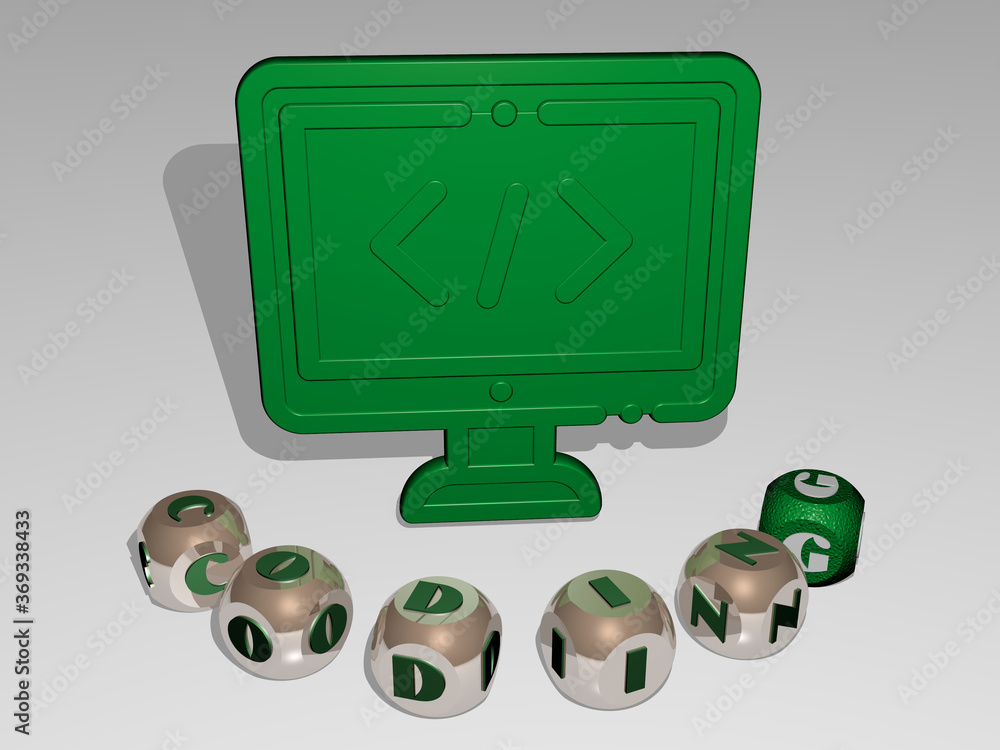 Fototapete 3d illustration of coding graphics and text around the icon made by metallic dice letters for the re