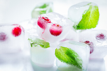ice cubes with red berries and mint white background