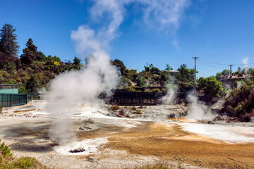 Geothermal pools with rising steam in front of Maori village