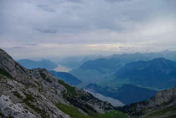 Obraz na płótnie Canvas Beautiful view to Lucerne lake (Vierwaldstattersee), mountain Rigi and Buergerstock from Pilatus, Swiss Alps, Central Switzerland