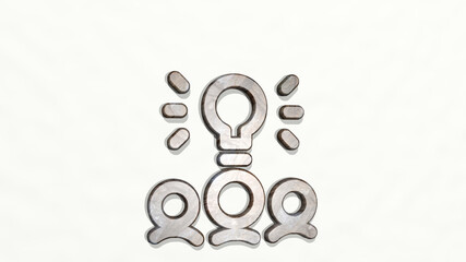 TEAM IDEA made by 3D illustration of a shiny metallic sculpture on a wall with light background. business and concept