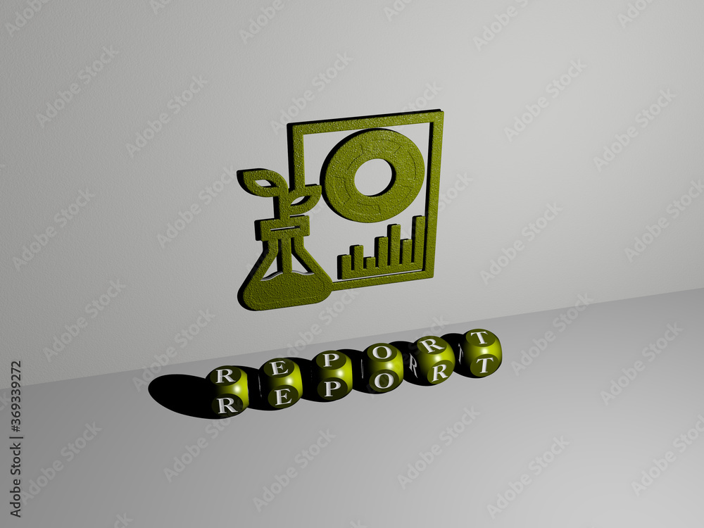 Poster 3d representation of report with icon on the wall and text arranged by metallic cubic letters on a m