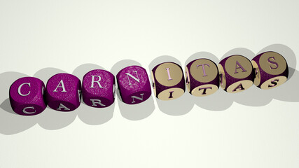 CARNITAS combined by dice letters and color crossing for the related meanings of the concept