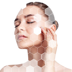 Young sensual woman with mosaic honeycombs on face.