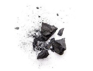 Pieces of broken black coal isolated on white background - obrazy, fototapety, plakaty
