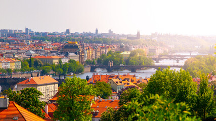 Bridges of Prague over Vltava River on sunny summer day. Prague, Czech Republic