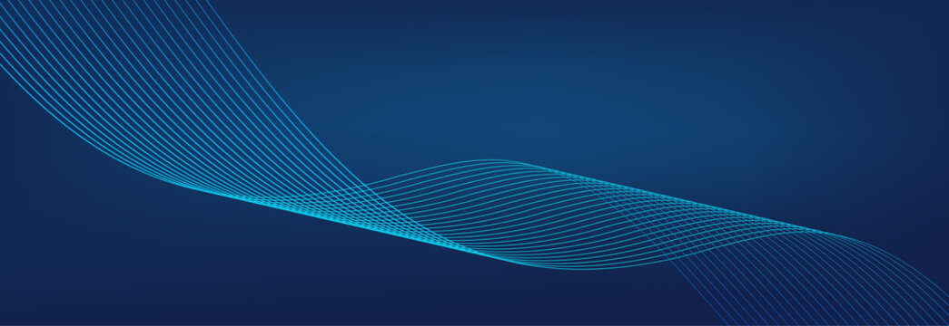 Blue wave background. Abstract curve line. Technology vector. Colorful shiny wave with lines pattern. Curved wavy line, abstract stripes. Dynamic blue background. Banner with motion effect.