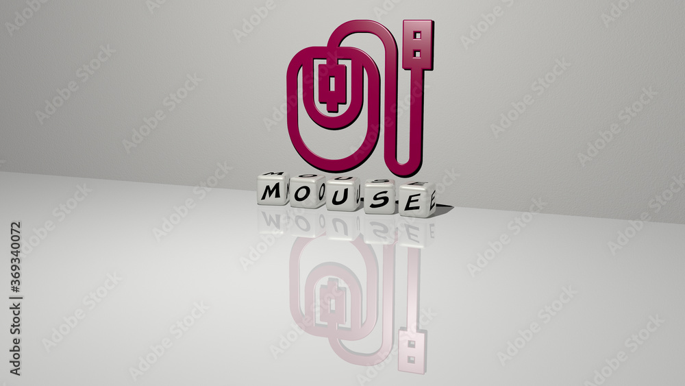Poster 3d representation of mouse with icon on the wall and text arranged by metallic cubic letters on a mi