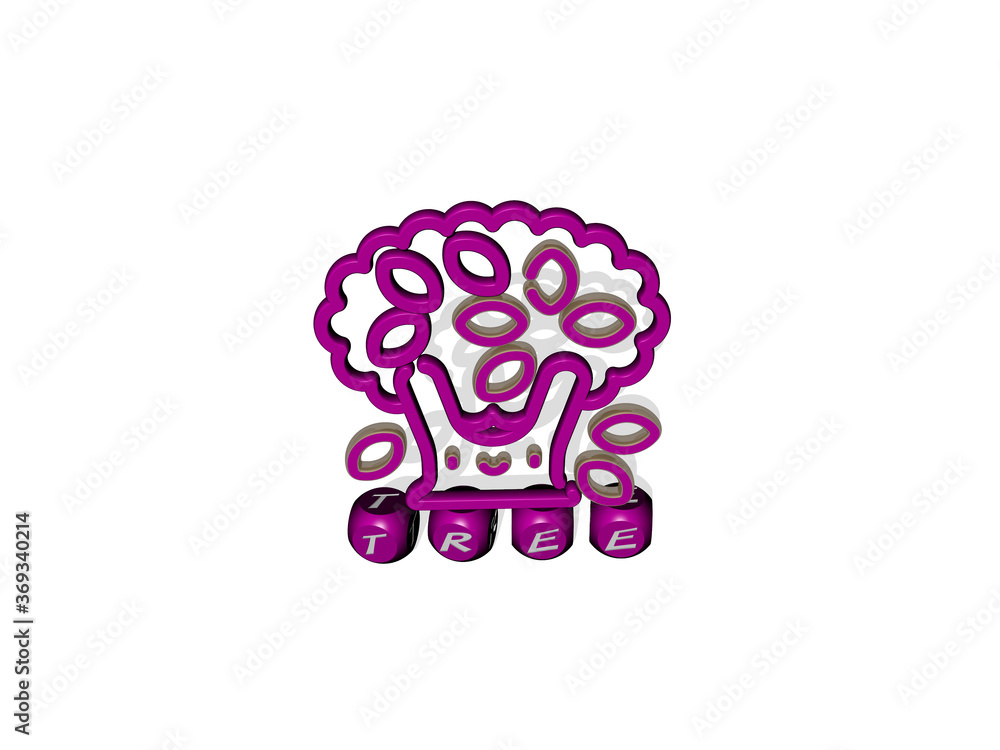 Poster 3d graphical image of tree vertically along with text built by metallic cubic letters from the top p