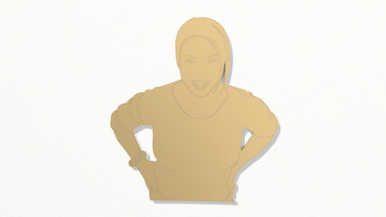 girl with body gesture on the wall. 3D illustration of metallic sculpture over a white background with mild texture. beautiful and woman