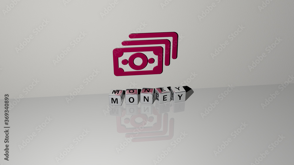 Poster 3d representation of money with icon on the wall and text arranged by metallic cubic letters on a mi