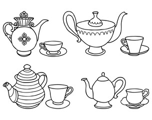 Outline drawings of various tea pots and tea cups