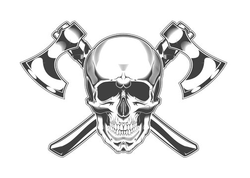 Vintage monochrome skull and crossed axes illustration. Isolated vector template