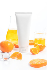 beauty treatment medical skincare and cosmetic lotion cream serum oil mockup bottle packaging product with orange fruit background in healthcare and medicine